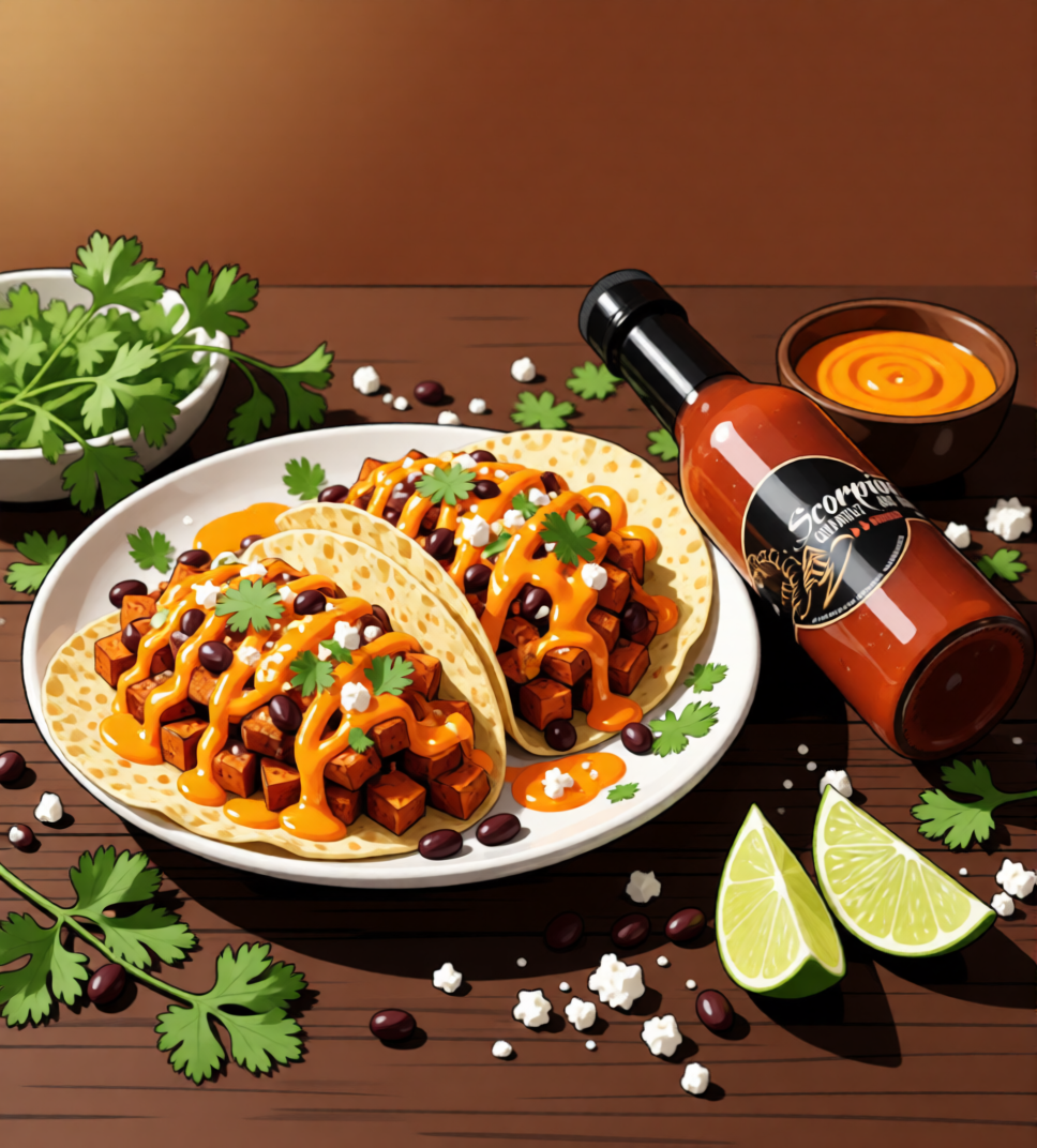 Sweet Potato Tacos with Scorpion Gourmet Hot Sauce