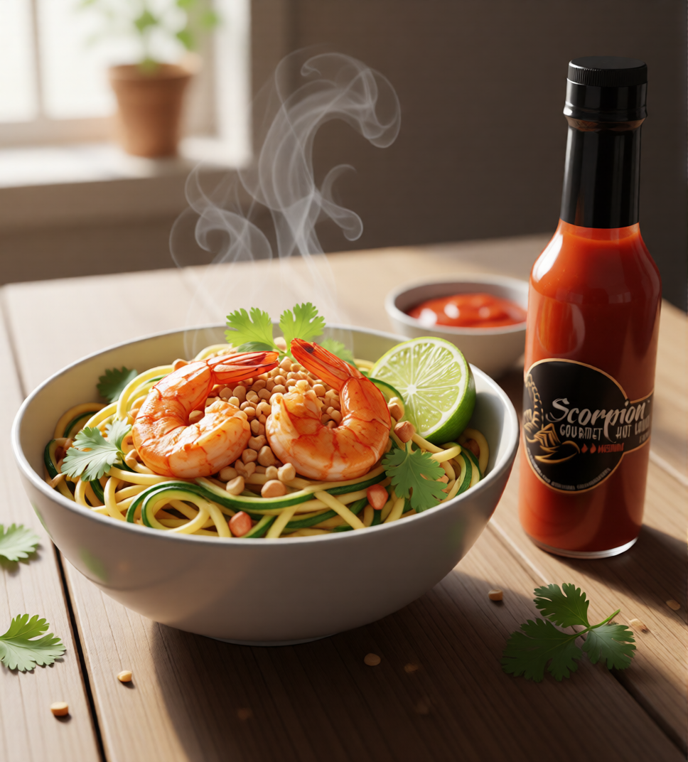 Zucchini Noodle Pad Thai with Scorpion Hot Sauce
