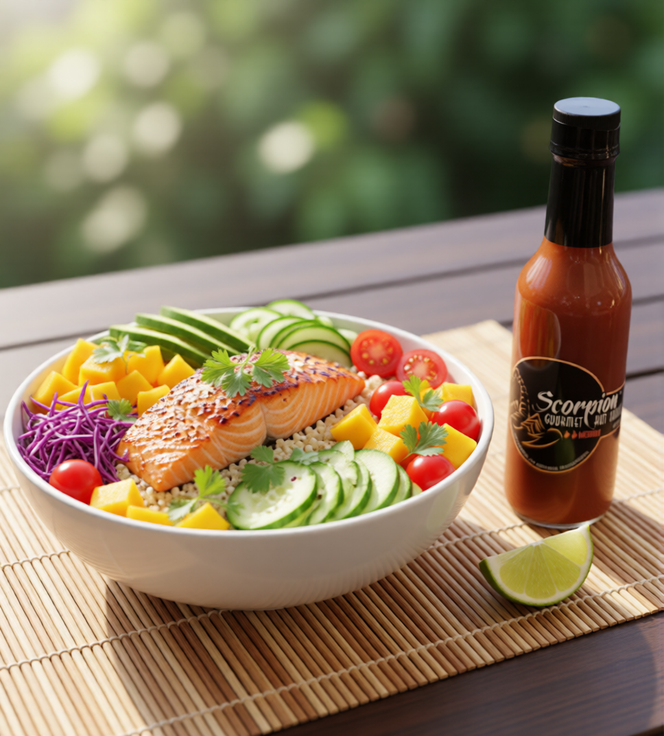 Mango Salmon Grain Bowl with Scorpion Gourmet Sauce