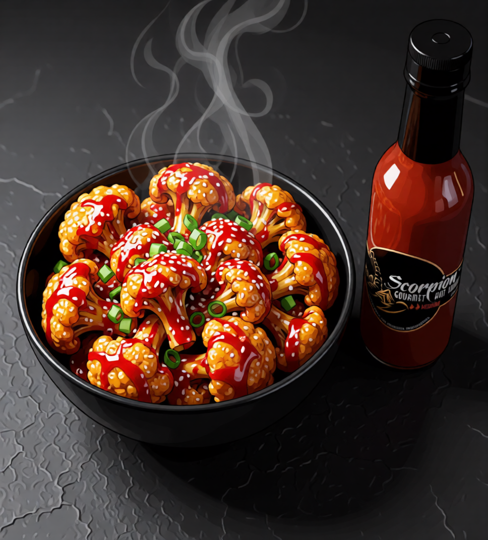 Sticky Cauliflower with Scorpion Gourmet Hot Sauce