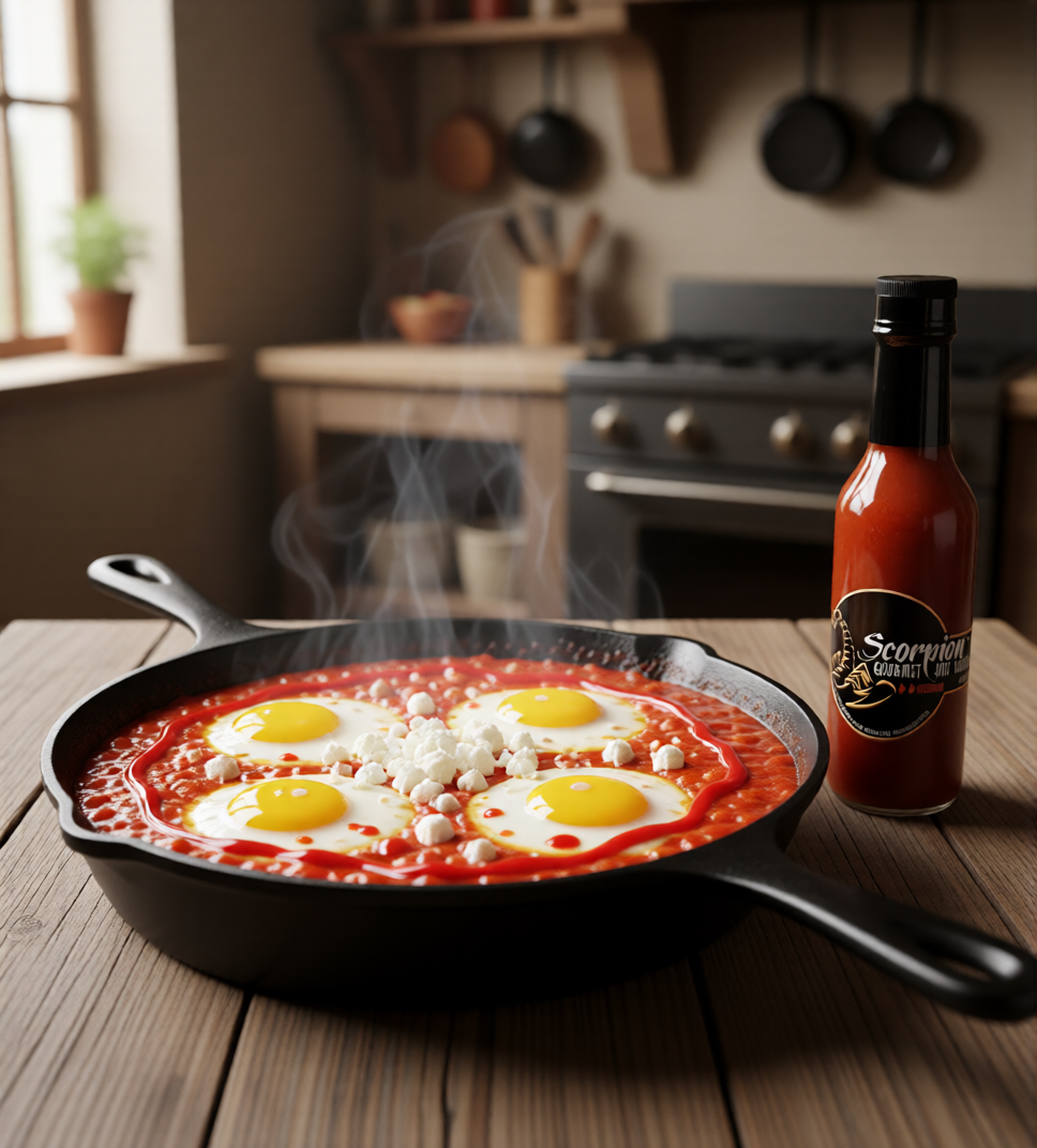 Fiery Shakshuka with Feta & Scorpion Hot Sauce