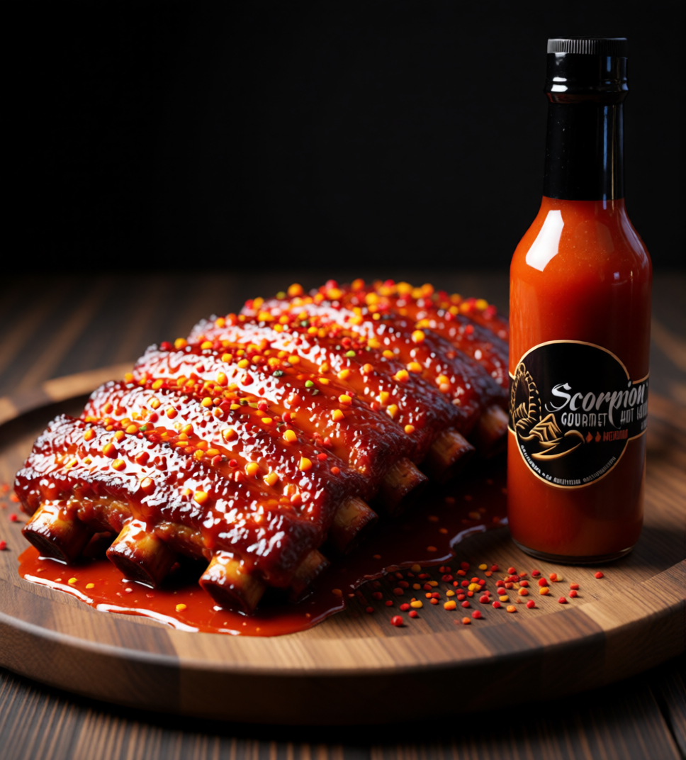 Sticky Mango Glazed Ribs with Scorpion Gourmet Hot Sauce