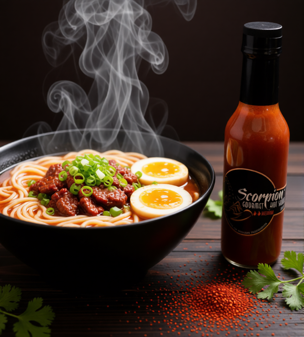 Spicy Crispy Chili-Beef Ramen with Scorpion Hot Sauce