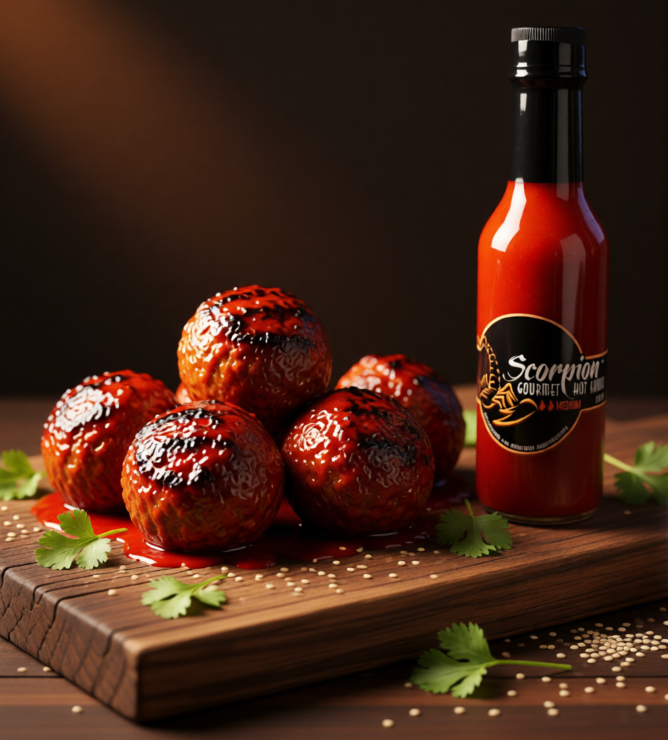 Spicy Lamb Meatballs with Scorpion Gourmet Extra Hot Sauce
