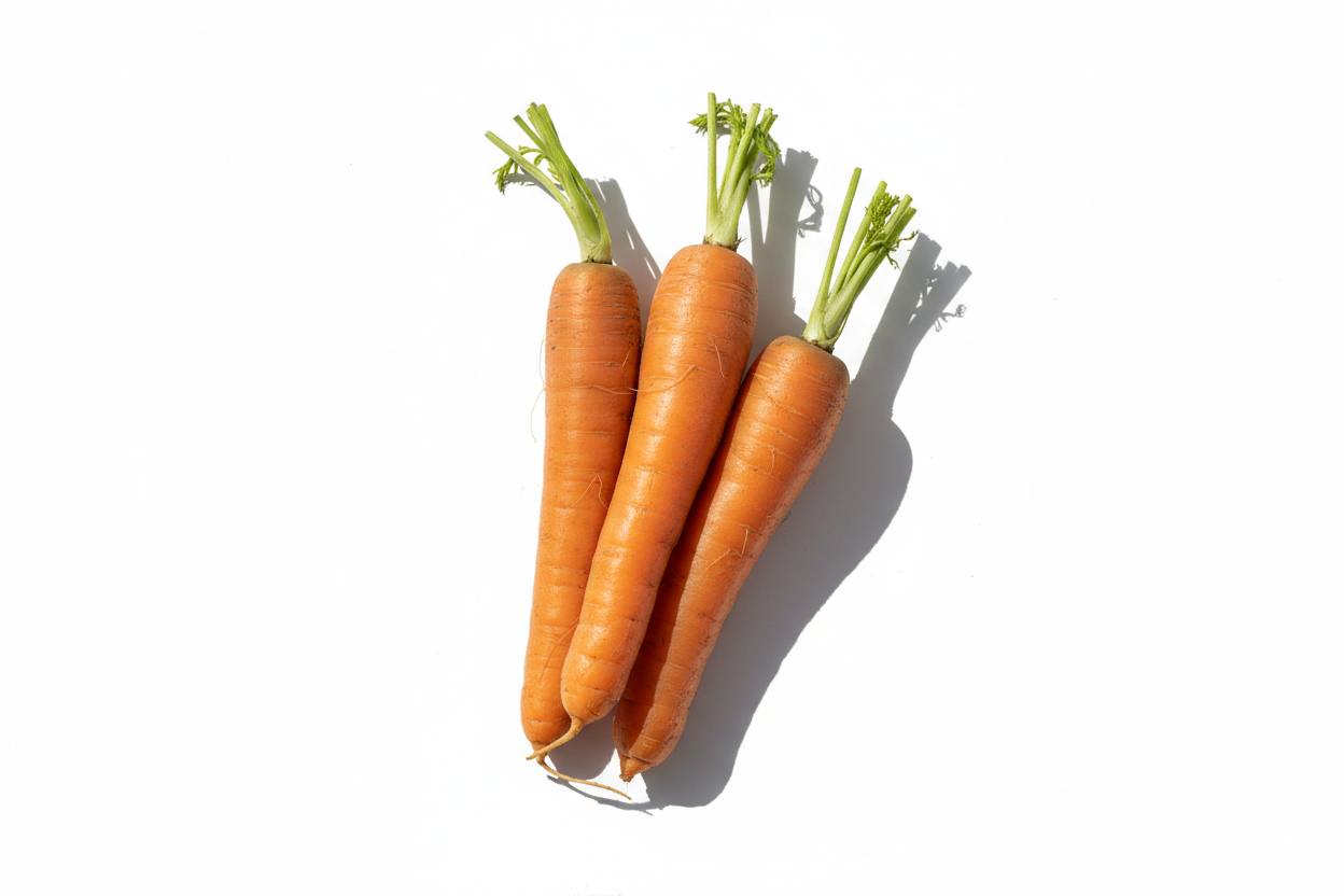 Centered editorial still life of two to three whole carrots with natural taper and subtle soil traces, minimal greens attached, on pure white background (#FFFFFF), carrot group occupies 62% of image height, fully visible with even margin on all sides, natural diffused daylight from upper-left casting a soft subtle shadow to the lower-right, no props, text, or human elements, true-to-life color, texture, and scale, no digital enhancement, saturation, or sharpening, minimalist, documentary aesthetic, high-res
