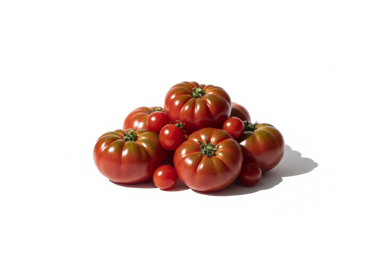 Centered editorial still life of natural tomatoes gently grouped on pure white background (#FFFFFF), tomato cluster occupies 62% of image height, fully visible with even margin on all sides, natural diffused daylight from upper-left casting a soft subtle shadow to the lower-right, no props, text, or human elements, true-to-life color, texture, and scale, no digital enhancement, saturation, or sharpening, minimalist, documentary aesthetic, high-resolution