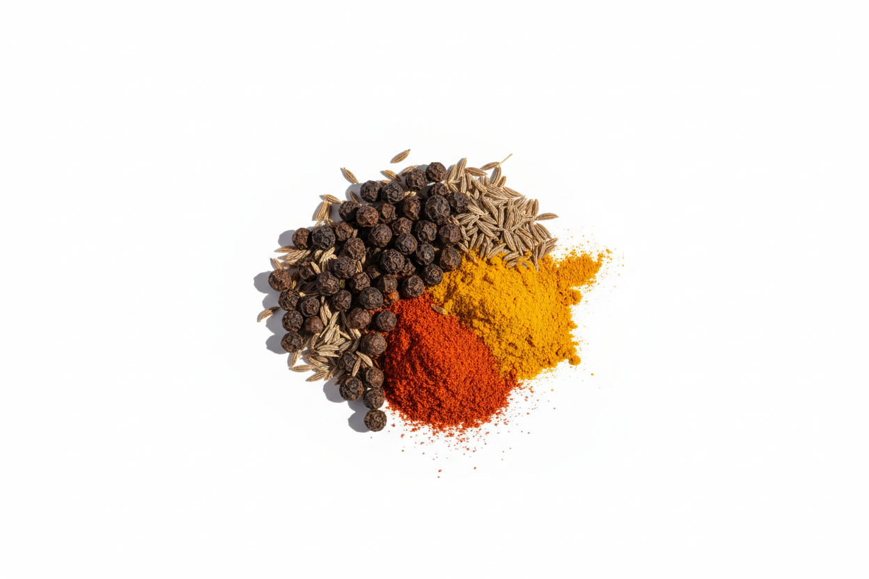 Centered editorial still life of a small mound of whole and powdered spices on pure white background (#FFFFFF), spice cluster occupies 62% of image height, fully visible with even margin on all sides, natural diffused daylight from upper-left casting a soft subtle shadow to the lower-right, no props, text, or human elements, true-to-life color, texture, and scale, no digital enhancement, saturation, or sharpening, minimalist, documentary
